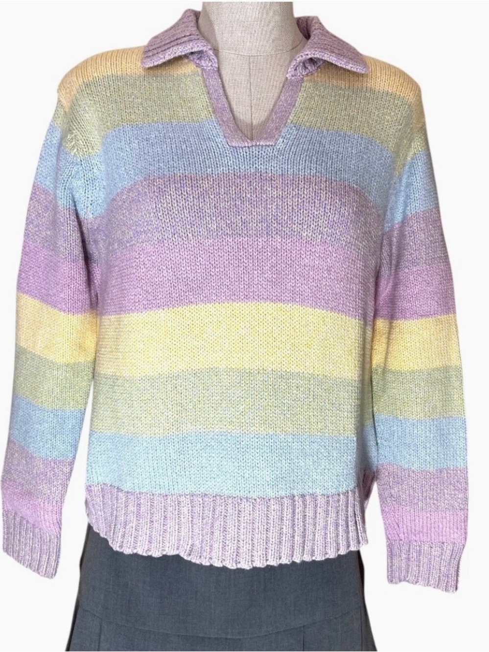 Vintage Liz Claiborne Liz Sport Multi Color Pastel Collared Knit Sweater Medium - Picture 2 of 9